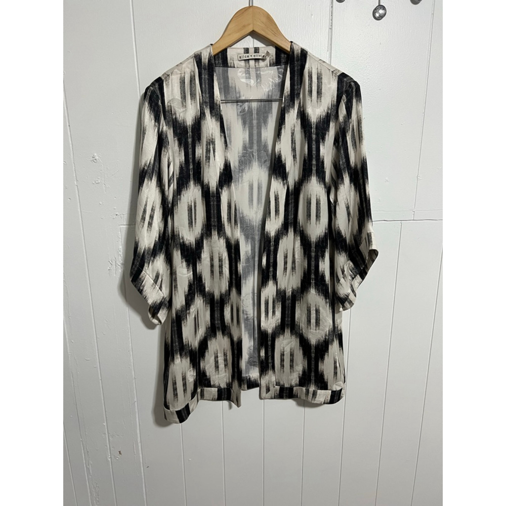 Women's Alice + Olivia Black White Ikat Print Kimono Cardigan XS